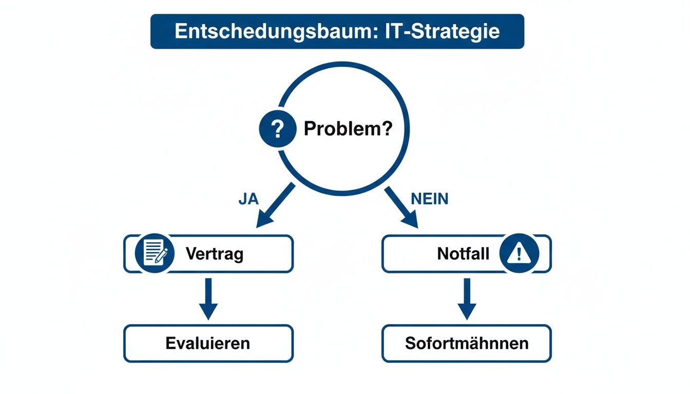 Entscheidungsbaum zur IT-Strategie, beginnend mit der Frage nach einem Problem, führt zu Vertragsevaluierung oder Notfallmaßnahmen.