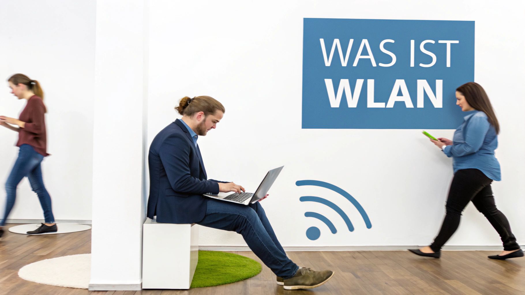 Drei Personen in einem modernen Raum; eine arbeitet am Laptop, zwei sind mit Smartphones beschäftigt. Ein großes Schild fragt: WAS IST WLAN, daneben ein WLAN-Symbol.