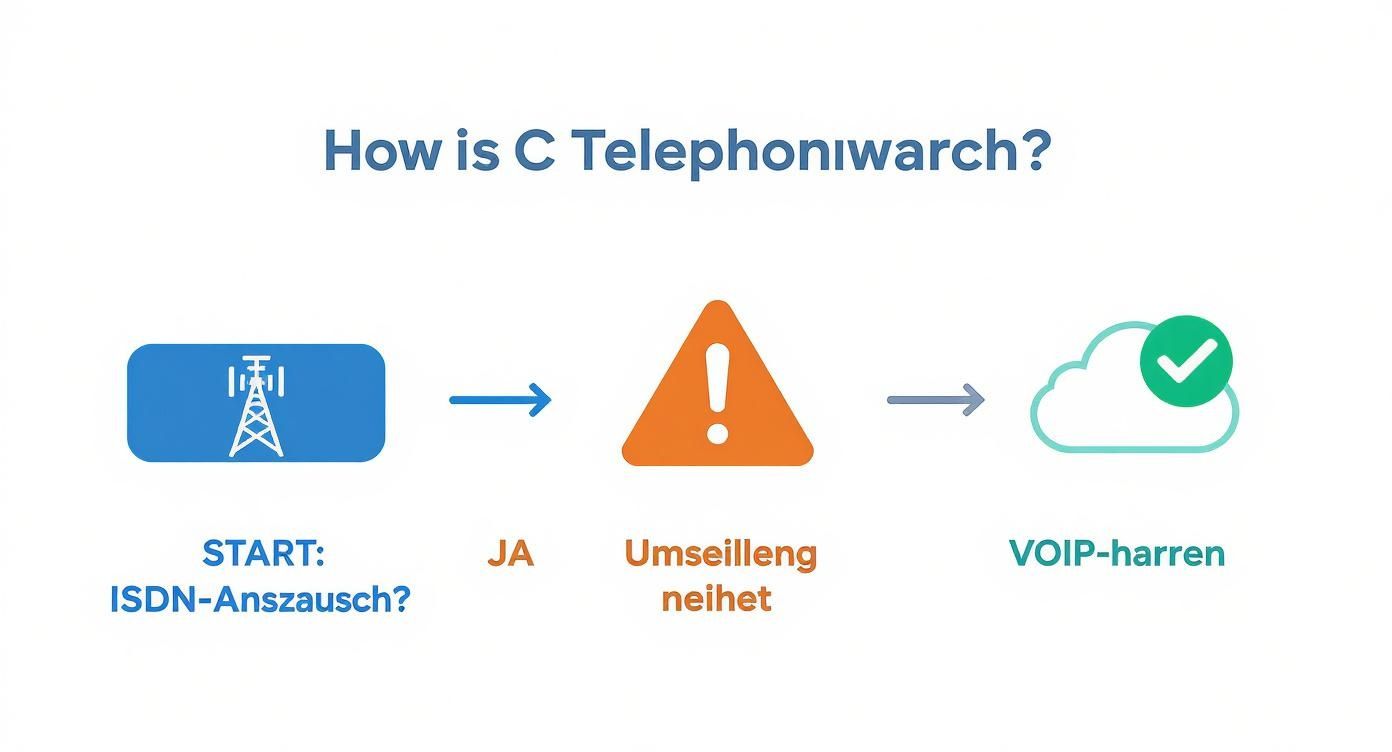Diese Infografik zeigt einen Entscheidungsbaum zur Wahl der Telefonanlage. Sie fragt, ob noch ein ISDN-Anschluss vorhanden ist, um zu bestimmen, ob eine Umstellung auf VoIP nötig ist.