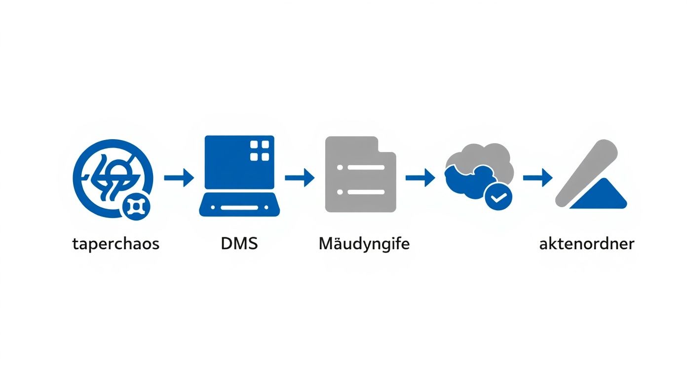 Flussdiagramm zeigt den Prozess von Papierchaos über DMS und Digitalisierung zu einem organisierten digitalen Aktenordner.