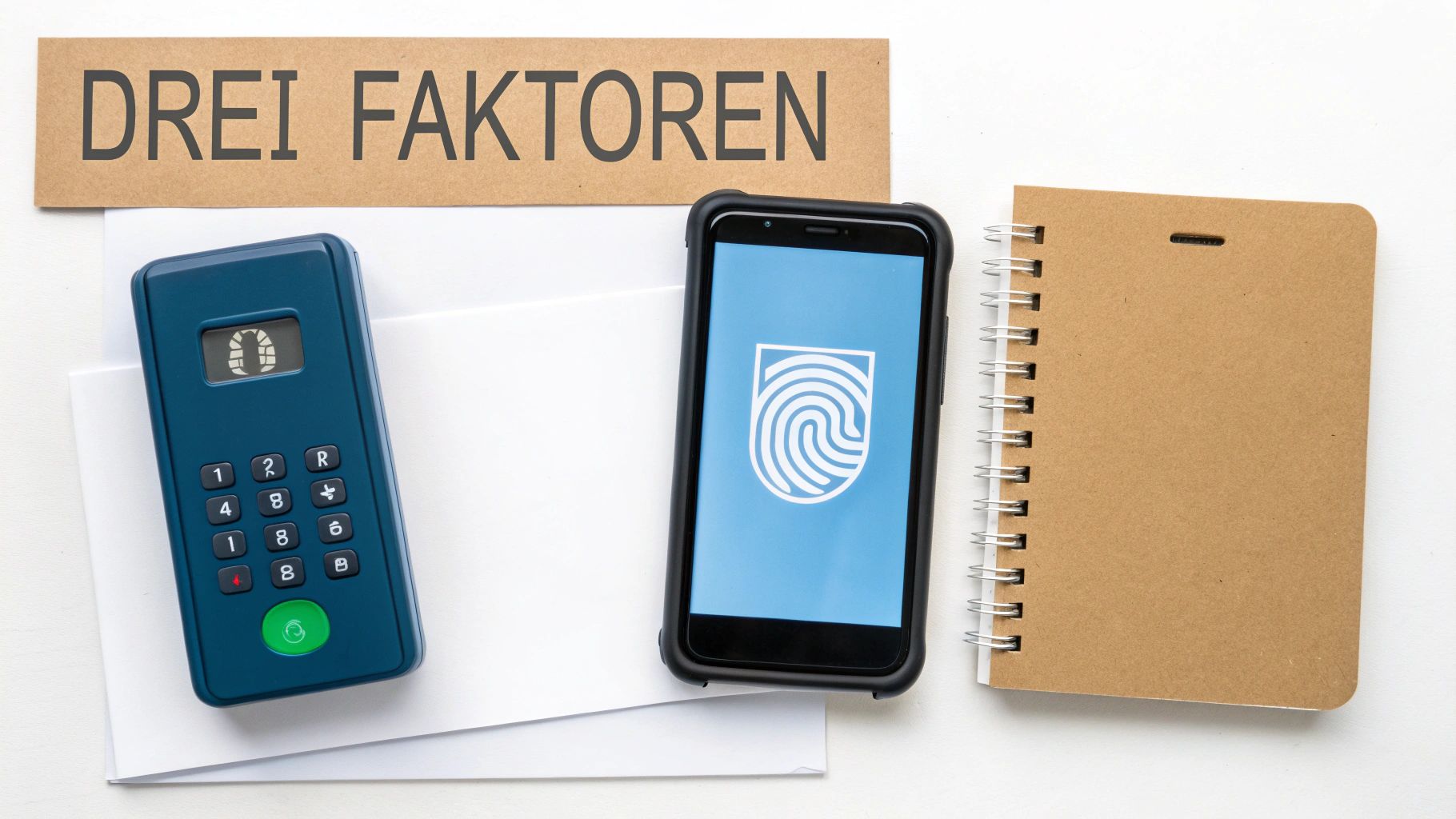 Drei Faktoren Authentifizierung dargestellt mit Token, Smartphone und Notizbuch auf weißem Hintergrund.