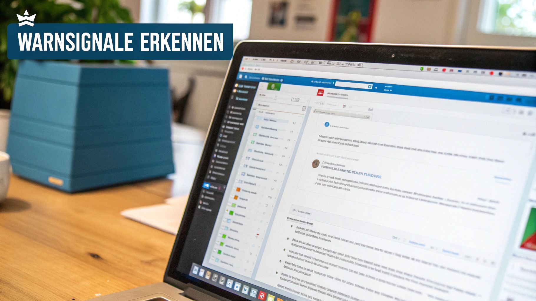Laptop auf Holztisch mit E-Mail-Programm und dem Text 'Warnsignale erkennen'. Blaue Box im Hintergrund.
