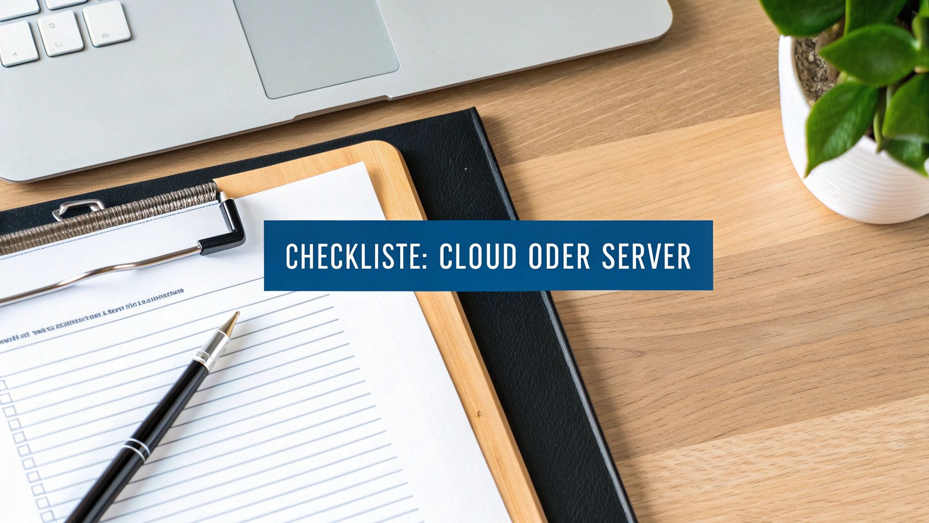 Checkliste zum Vergleich von Cloud und Server auf einem Schreibtisch mit Laptop, Stift und Pflanze.