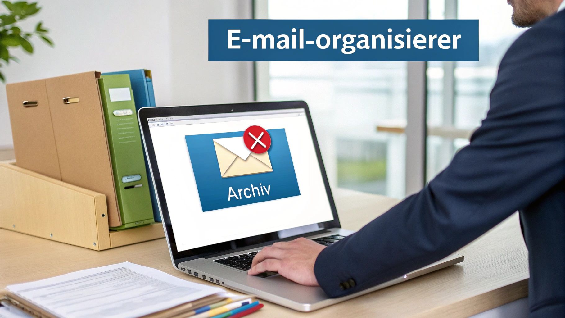 Mann tippt auf Laptop mit E-Mail-Archiv-Symbol und Ordnern, überschrieben mit 'E-mail-organisierer'.