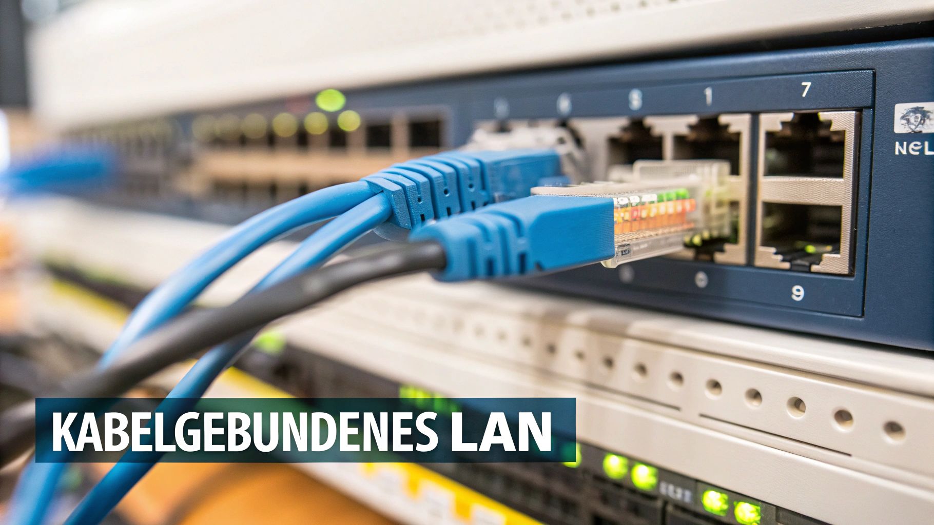 Nahaufnahme von blauen LAN-Kabeln, die in einen Netzwerk-Switch oder Router eingesteckt sind, mit leuchtenden Statusanzeigen.