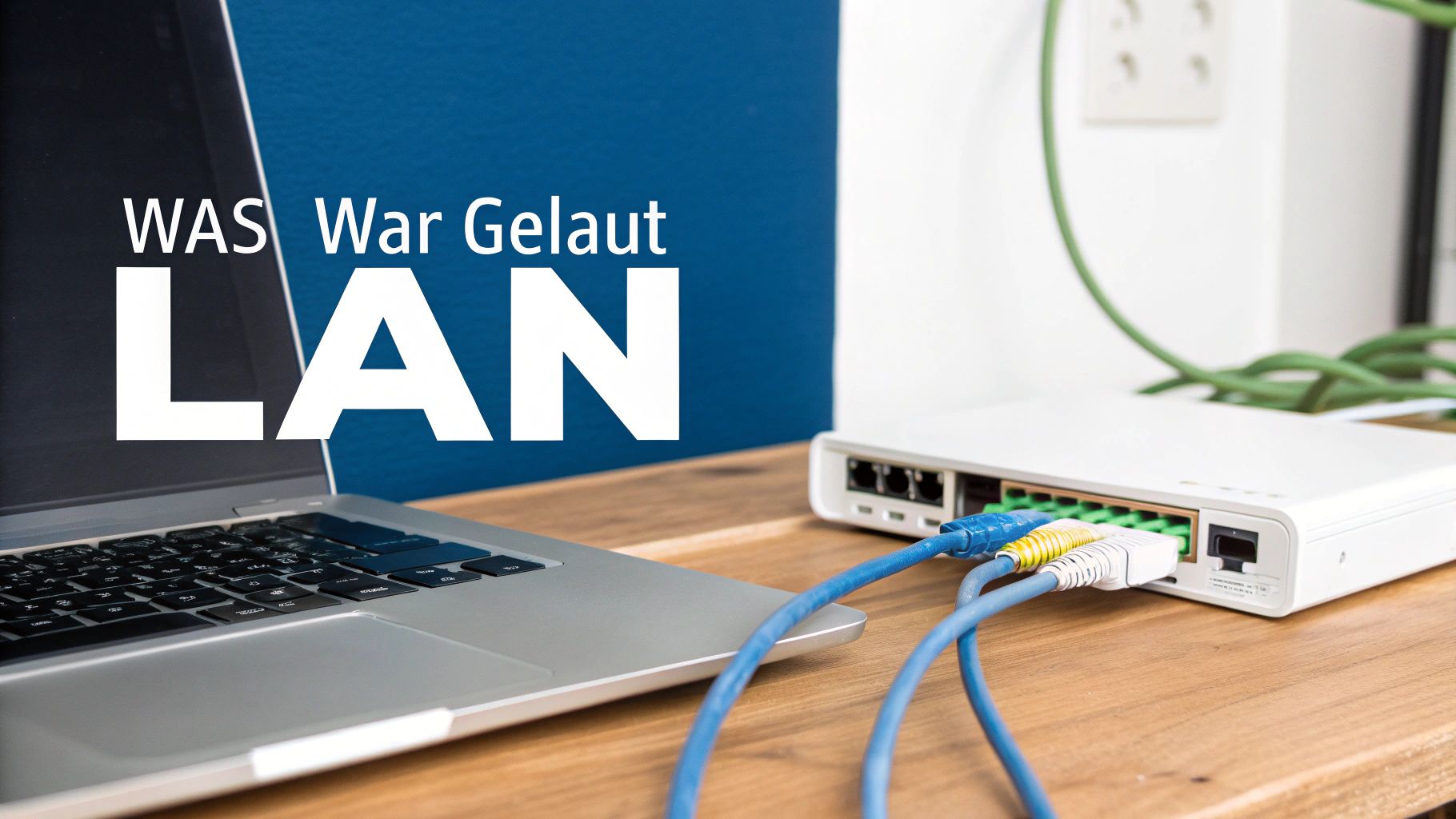 Eine Nahaufnahme von Ethernet-Kabeln, die an einen Netzwerk-Switch angeschlossen sind und die physische Grundlage eines LANs verdeutlichen.