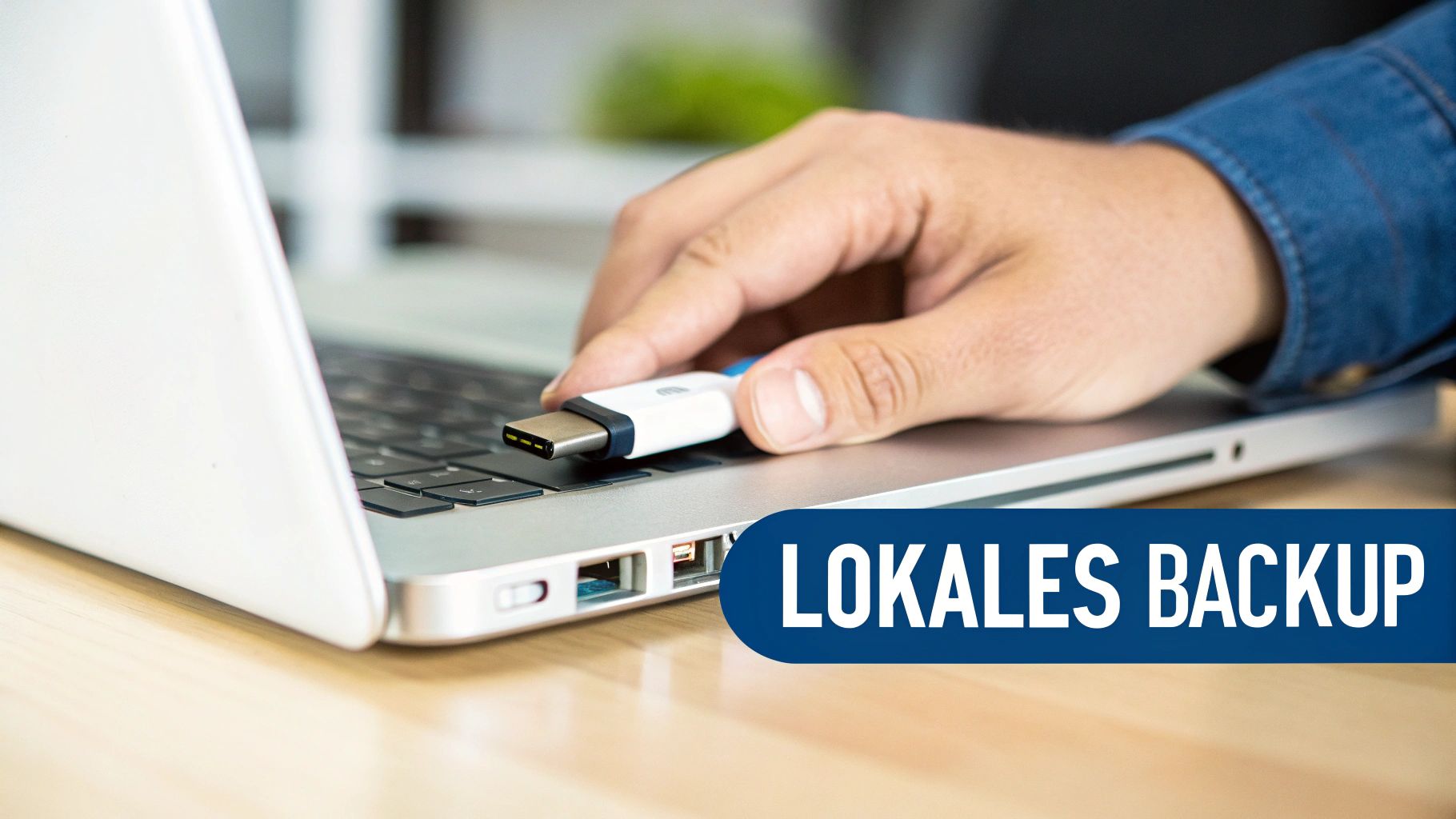 Eine Person hält einen USB-Stick in der Hand, um wichtige Daten zu sichern