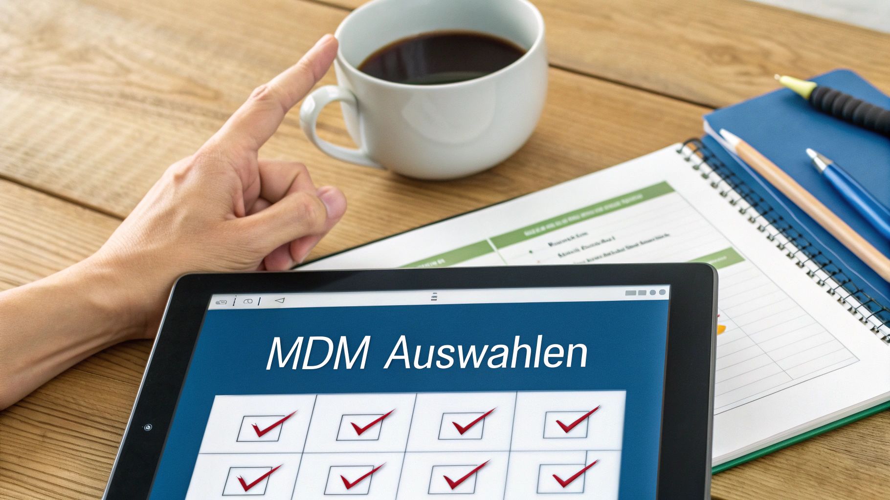 Hand zeigt auf Tablet mit "MDM Auswählen" und Checkboxen auf einem Holztisch mit Kaffee und Notizbuch.
