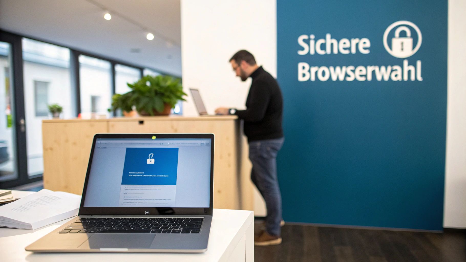 Laptop zeigt sichere Browser-Auswahl mit Schloss-Symbol in modernem Büro mit blauem Informationsplakat