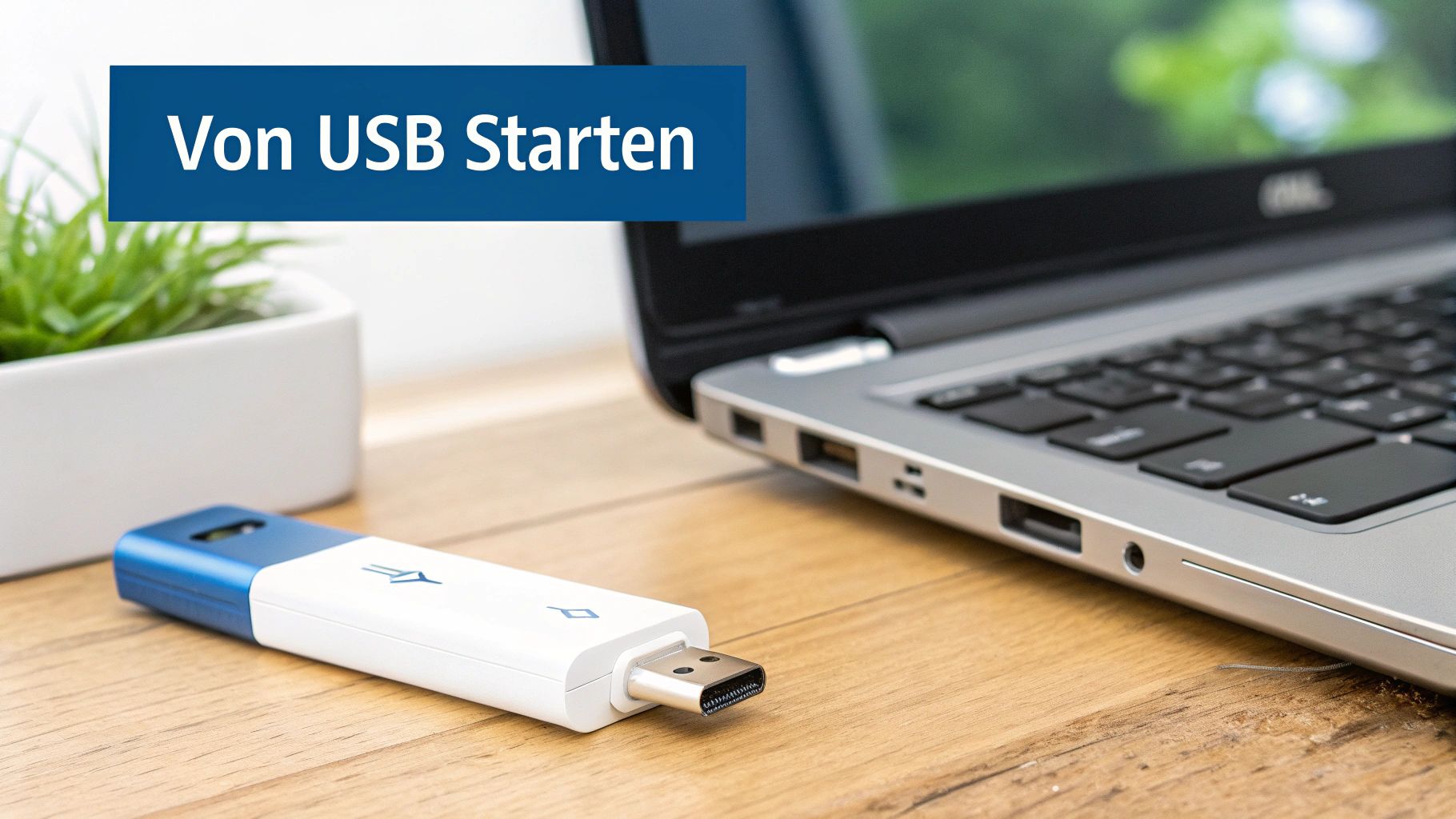 Ein blauer und weißer USB-Stick liegt auf einem Holztisch vor einem geöffneten Laptop. Text: 'Von USB Starten'.