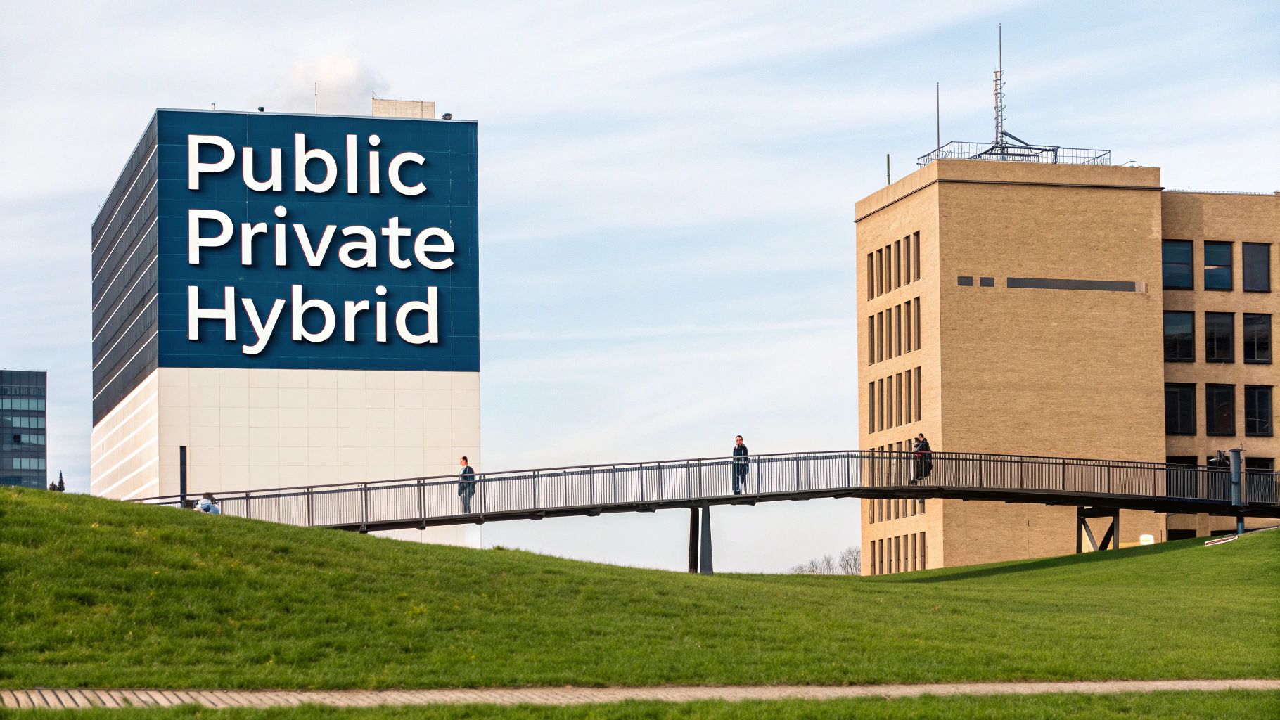Gebäude mit 'Public Private Hybrid' Schriftzug, verbunden durch eine Fußgängerbrücke mit Menschen, umgeben von grünen Hügeln.