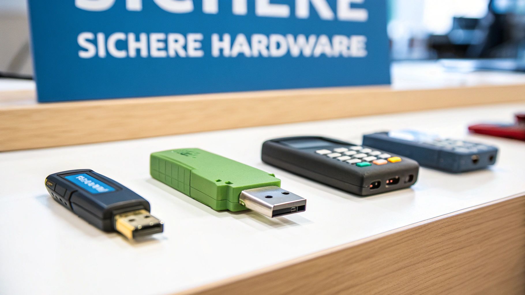 Verschiedene sichere Hardware-Geräte, darunter USB-Sticks und Krypto-Token, auf einem Tisch unter einem Schild.