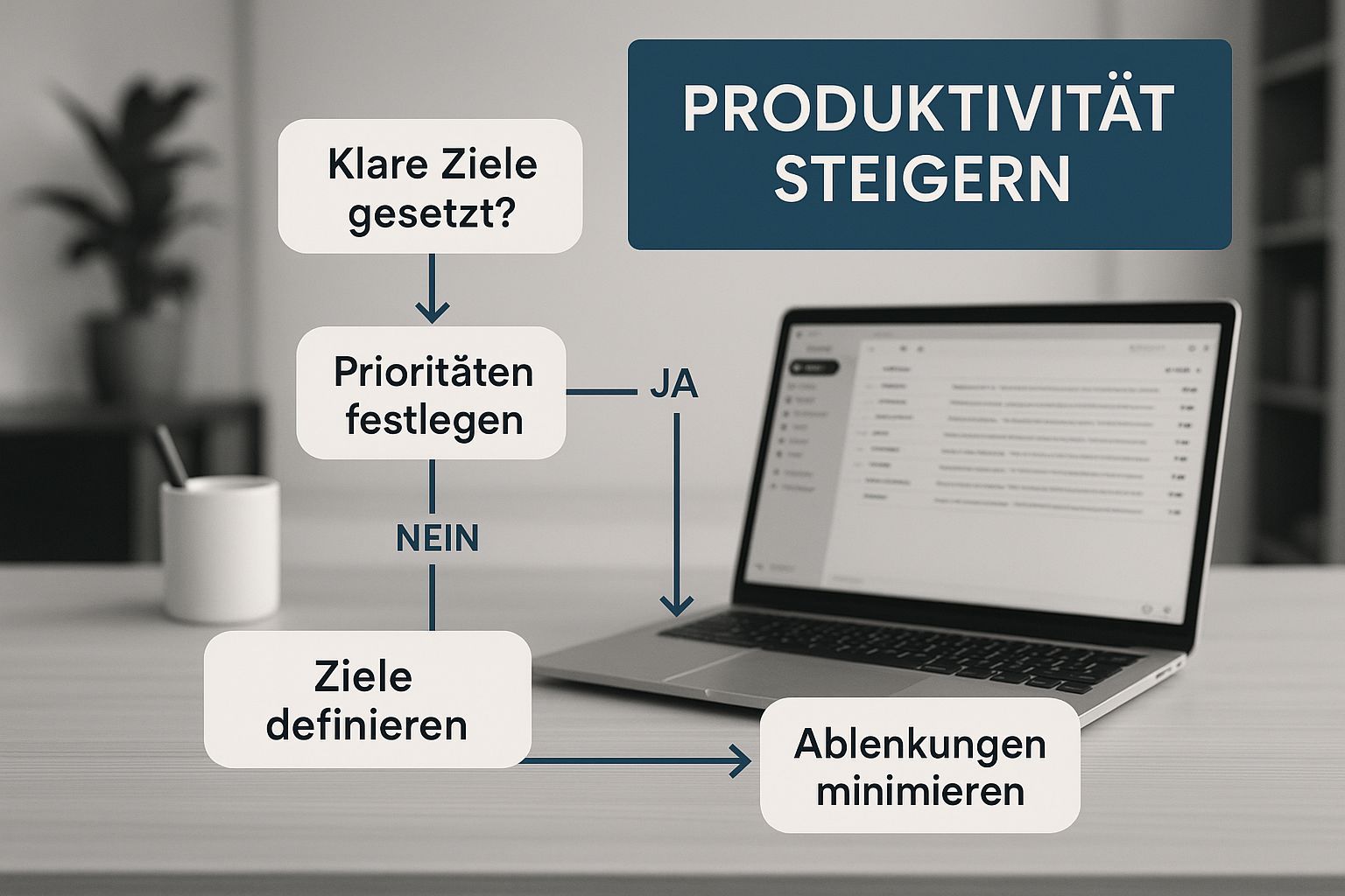 Infografik, die ein aufgeräumtes Outlook-Postfach auf einem Laptop zeigt, mit dem Text "Produktivität steigern" in der Ecke.