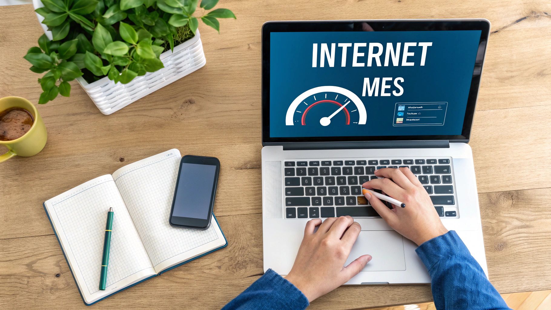 Eine Person hält ein Smartphone, auf dem ein Speedtest-Ergebnis angezeigt wird.