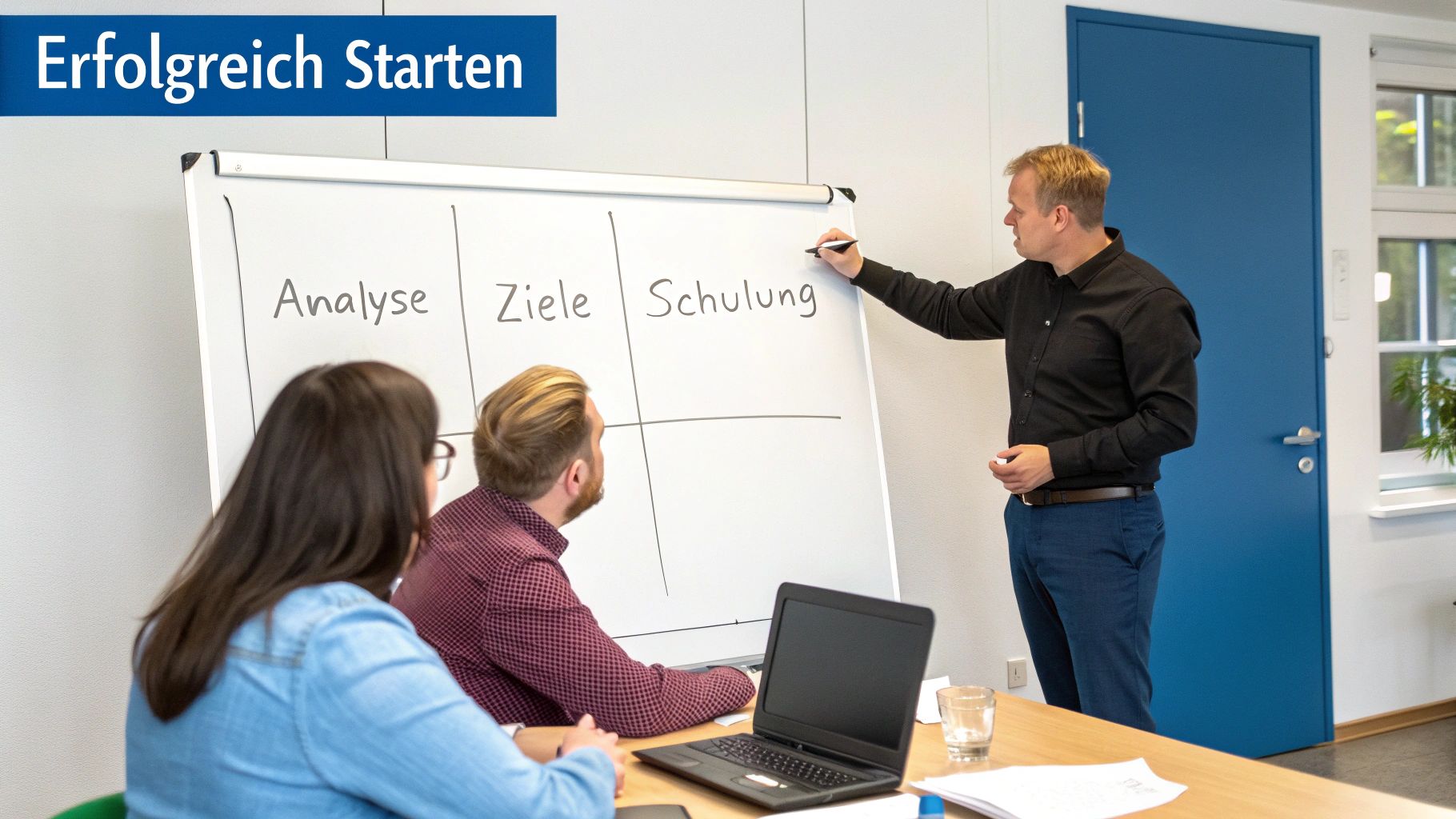 Ein Trainer erklärt in einem Workshop die Begriffe Analyse, Ziele und Schulung auf einem Whiteboard, während zwei Teilnehmer aufmerksam zuhören.