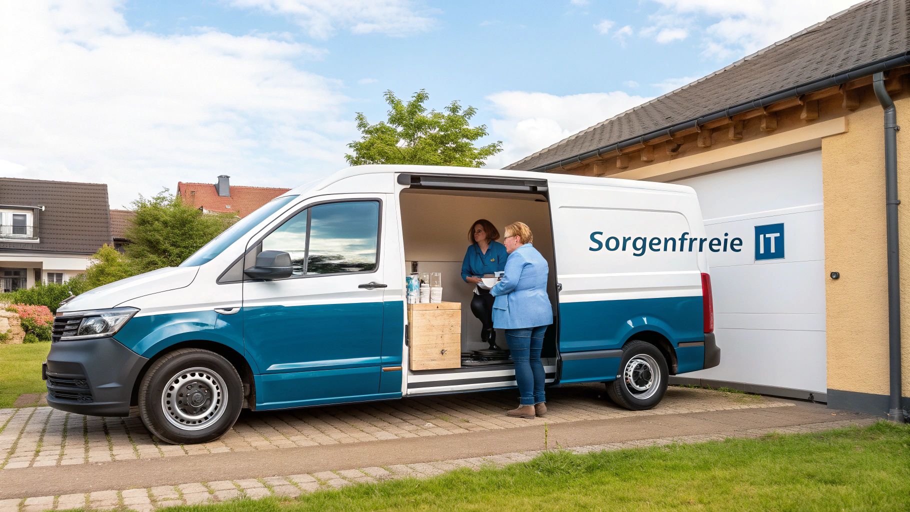 Mobiler IT-Service: Zwei Frauen beraten sich an einem geöffneten "Sorgenfreie IT" Van vor einem Haus.