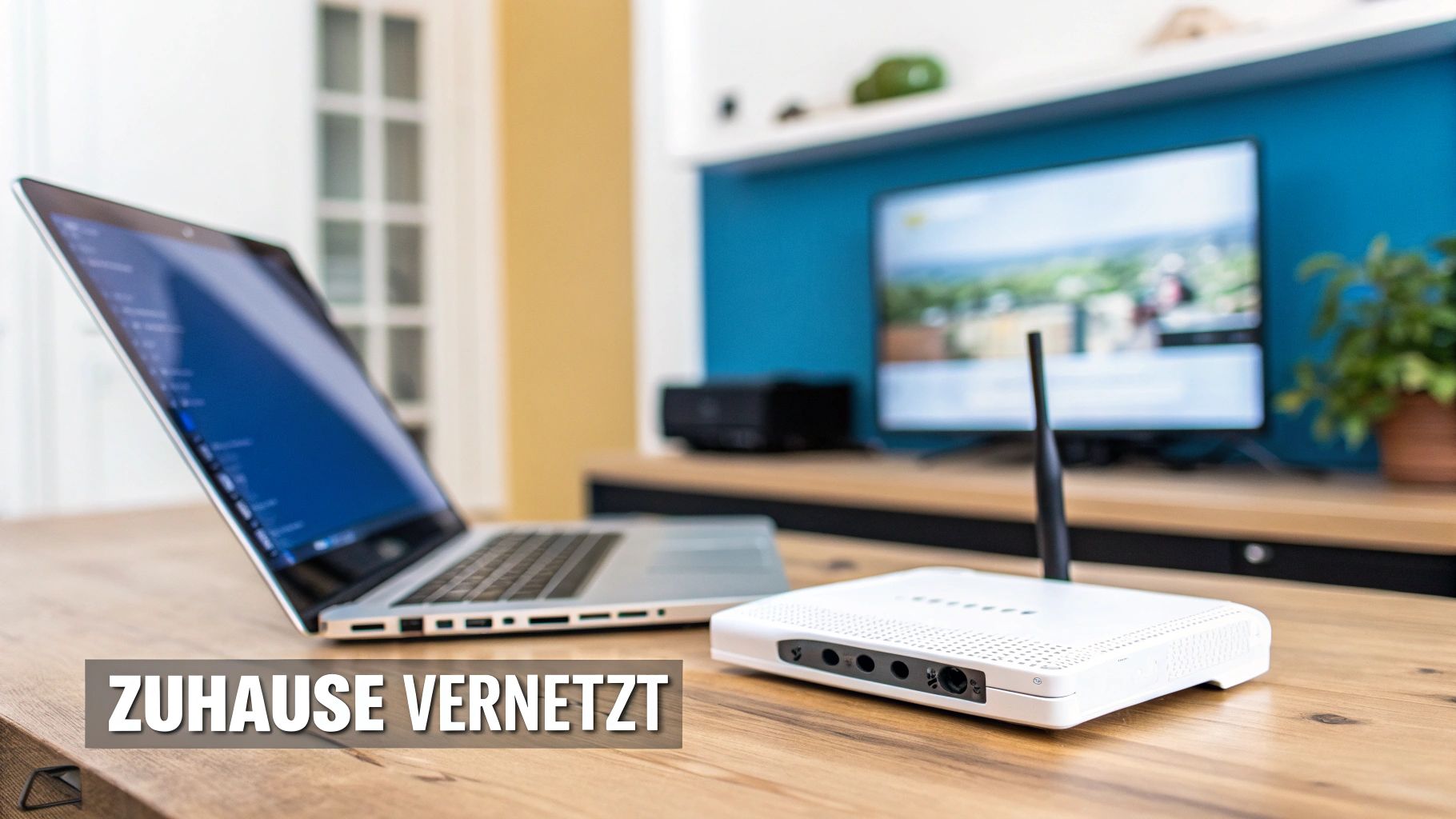 Ein modernes Heimbüro mit einem Laptop, der über ein Ethernet-Kabel mit dem Netzwerk verbunden ist.