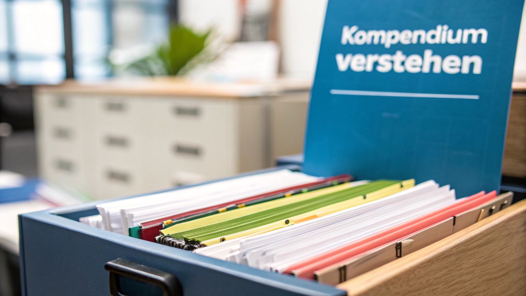 Blaue Aktenbox mit bunten Hängeregistern und Papieren, daneben ein Ordner 'Kompendium verstehen' im Büro.