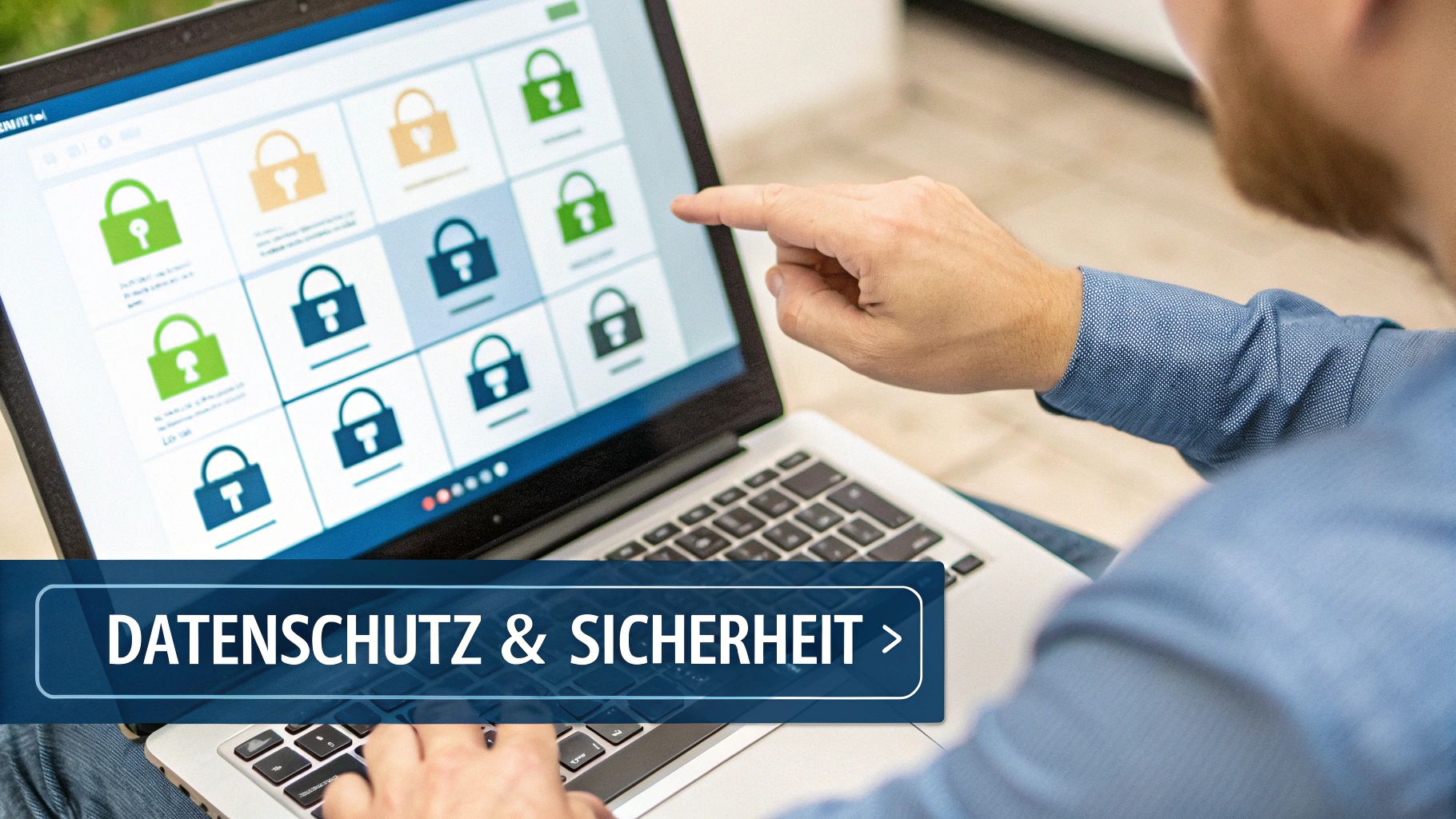 Person arbeitet am Laptop mit Schloss-Symbolen auf dem Bildschirm, welche Datenschutz und Sicherheit repräsentieren.