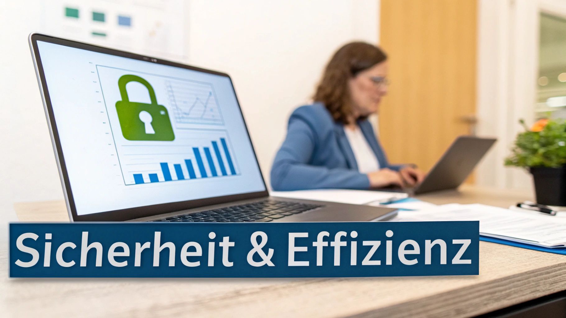 Laptop zeigt Sicherheitssymbol mit Diagrammen, Frau arbeitet im Hintergrund an Cybersicherheit und Effizienz