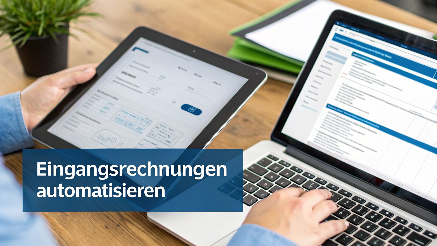 Person automatisiert Eingangsrechnungen digital mit Tablet und Laptop für effizientes Dokumentenmanagement.