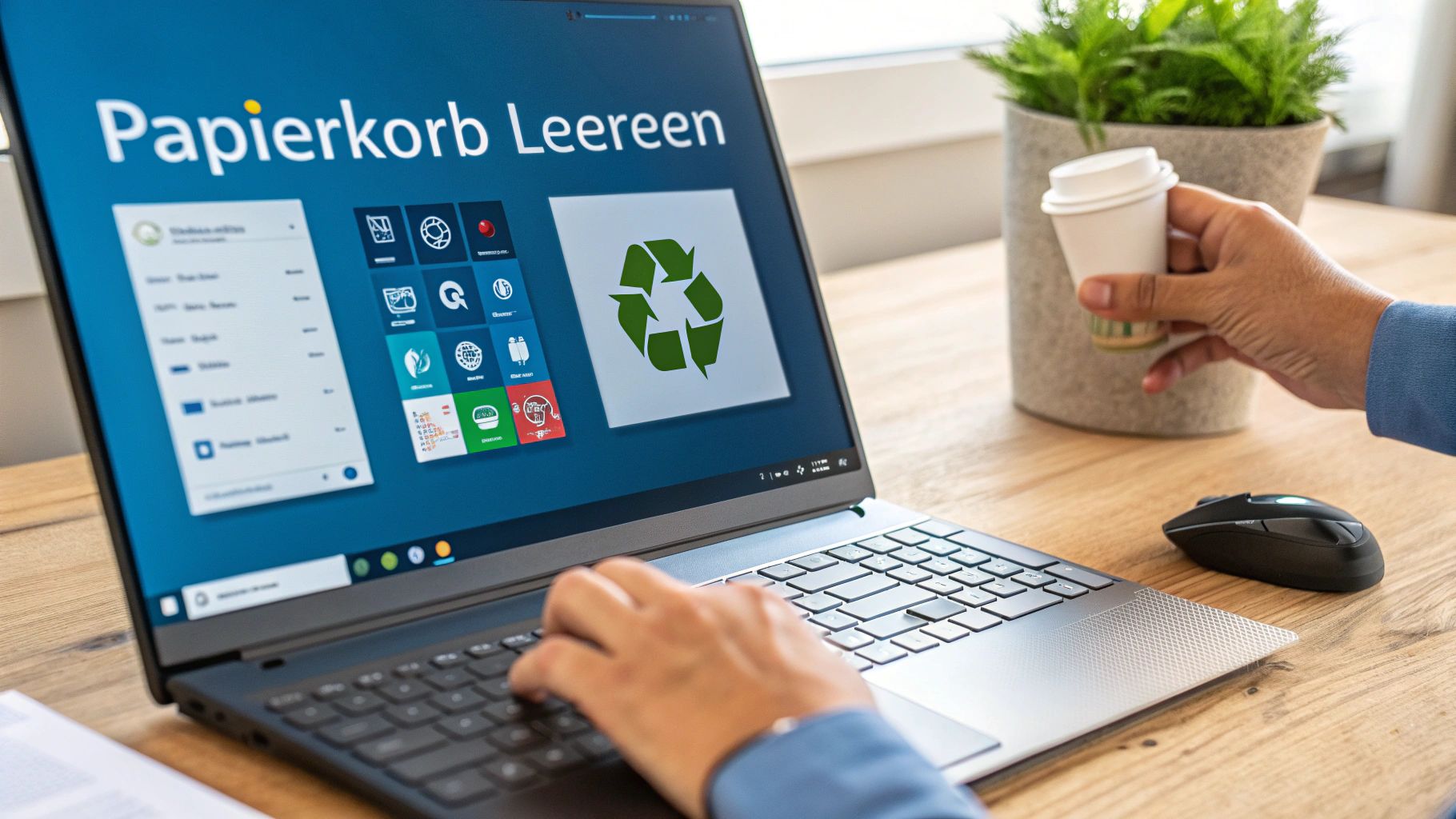 Person arbeitet am Laptop mit Windows 11 Papierkorb und Recycling-Symbol auf dem Bildschirm