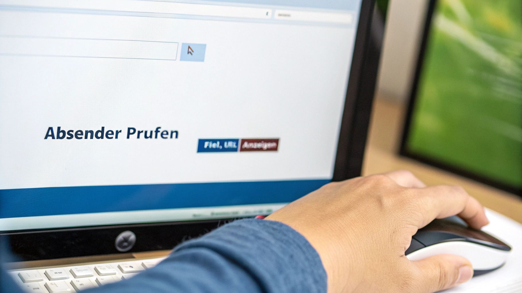 Hand bedient Maus am Laptop, Bildschirm zeigt 'Absender Prüfen' im Kontext von E-Mail-Sicherheit.