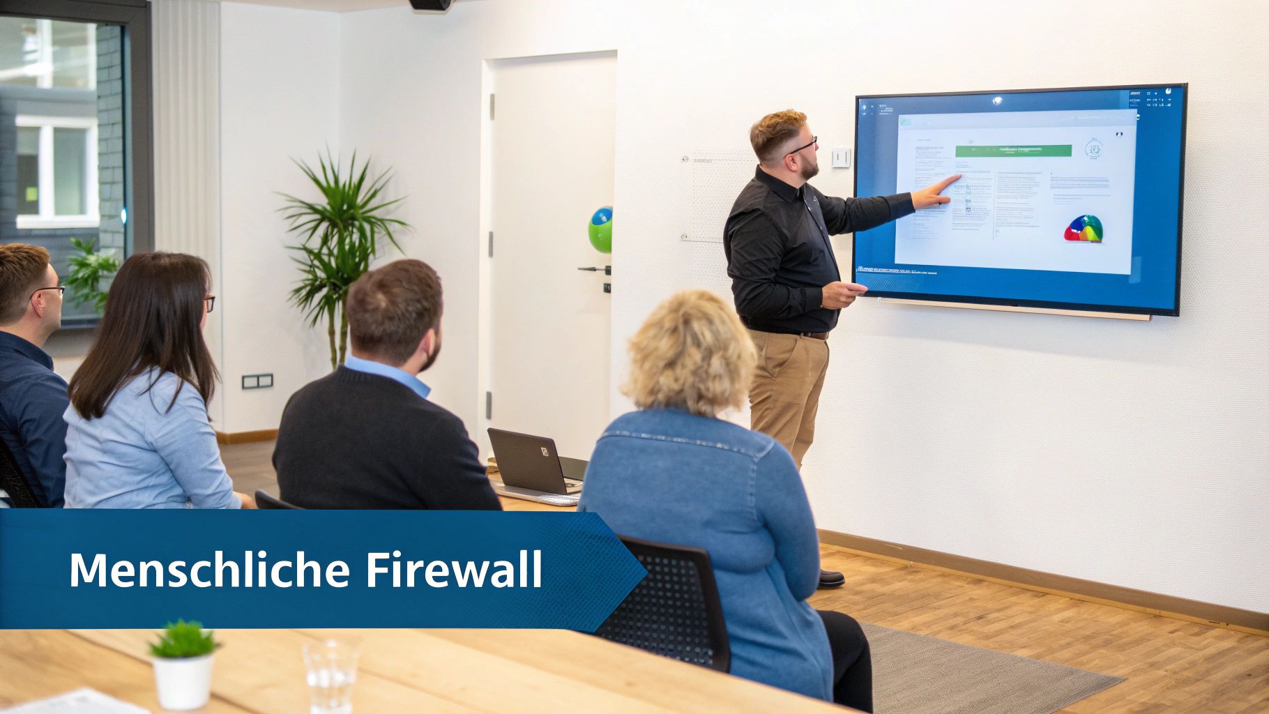 Ein Mann präsentiert vor einer Gruppe in einem Büro, ein großer Bildschirm zeigt Inhalte über eine 'Menschliche Firewall'.