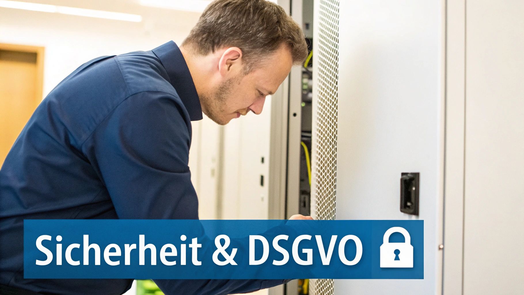 Ein Techniker überprüft einen Server, mit Text 'Sicherheit & DSGVO' und Schloss-Symbol.