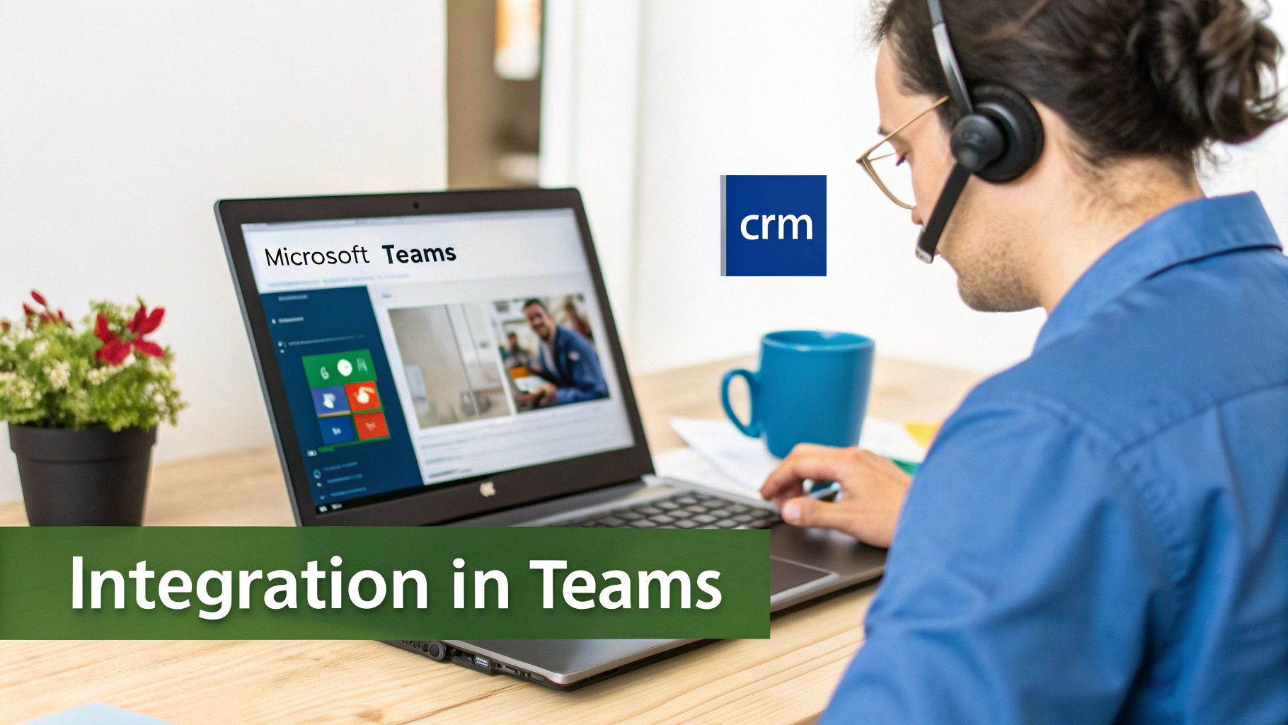 Mann mit Headset arbeitet am Laptop, der Microsoft Teams anzeigt, mit CRM-Logo und Schriftzug 'Integration in Teams'.