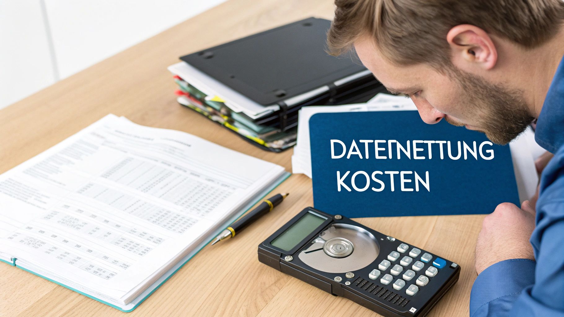 Mann betrachtet eine Tafel mit "DATENRETTUNG KOSTEN" und einen Festplatten-Rechner auf einem Schreibtisch.