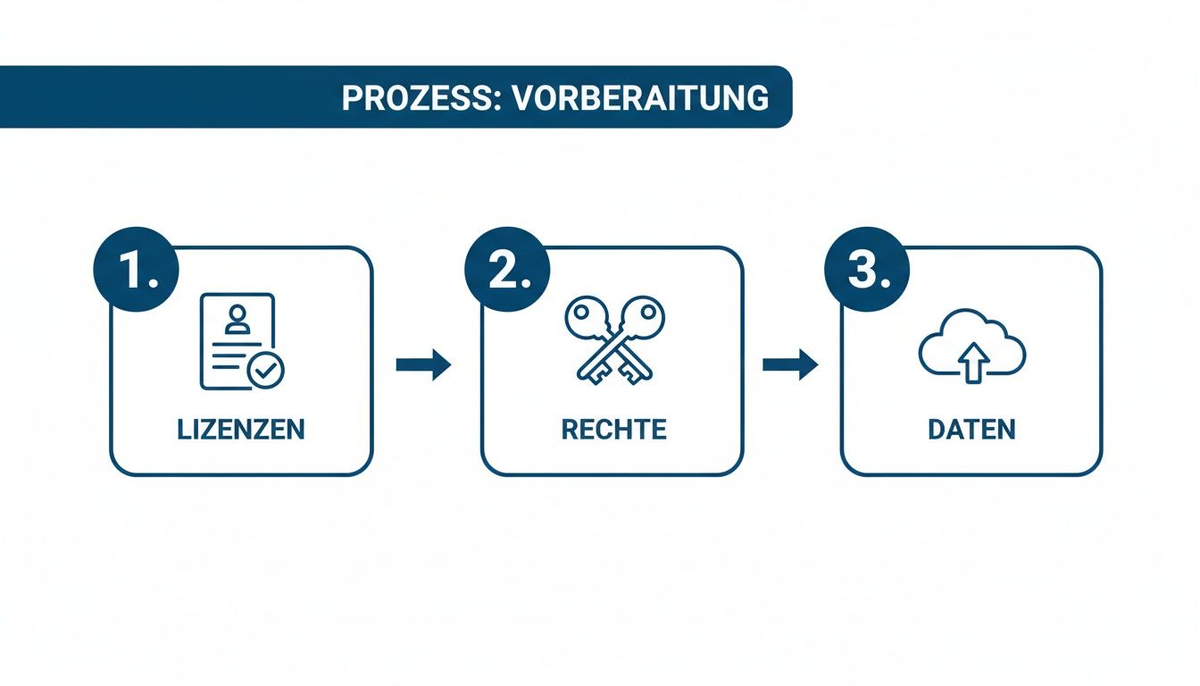 Flussdiagramm zum Vorbereitungsprozess in drei Schritten: Lizenzen, Rechte und Daten hochladen.