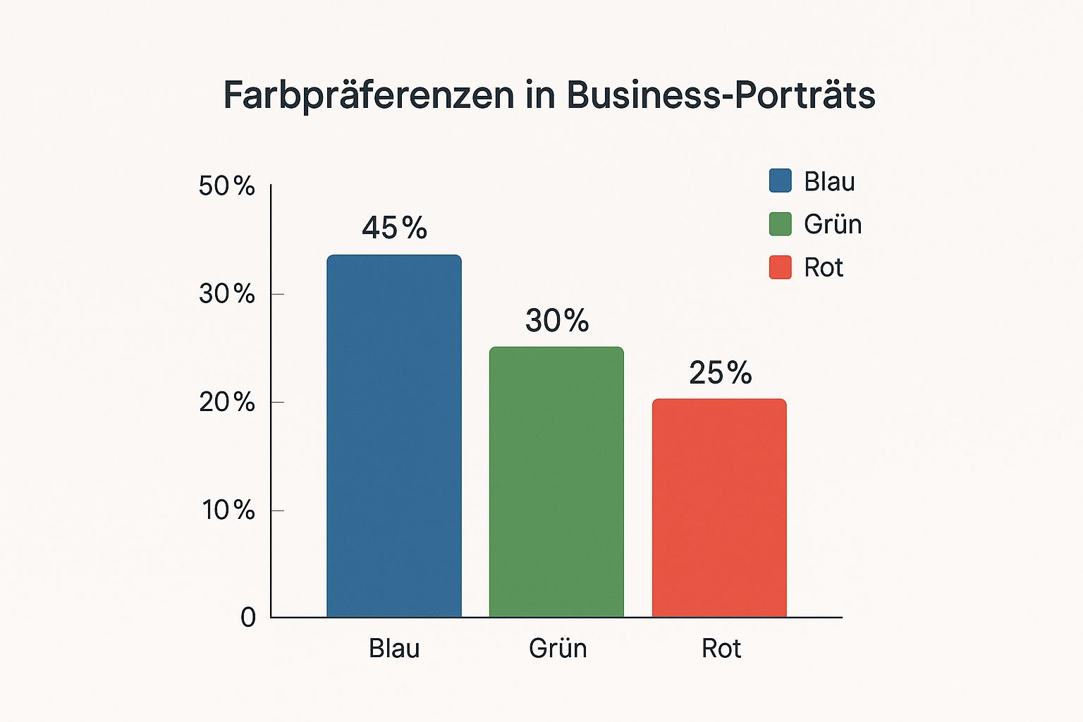 Infografik mit Balkendiagramm zu Farbpräferenzen in Business-Porträts: Blau 45%, Grün 30%, Rot 25%.