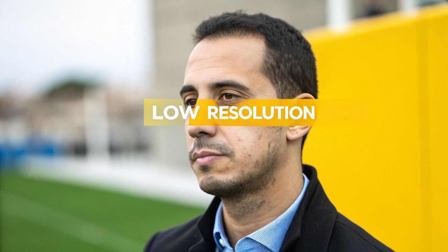 A side-by-side comparison showing the difference between a blurry, low-resolution source photo and the much clearer, high-resolution alternative.