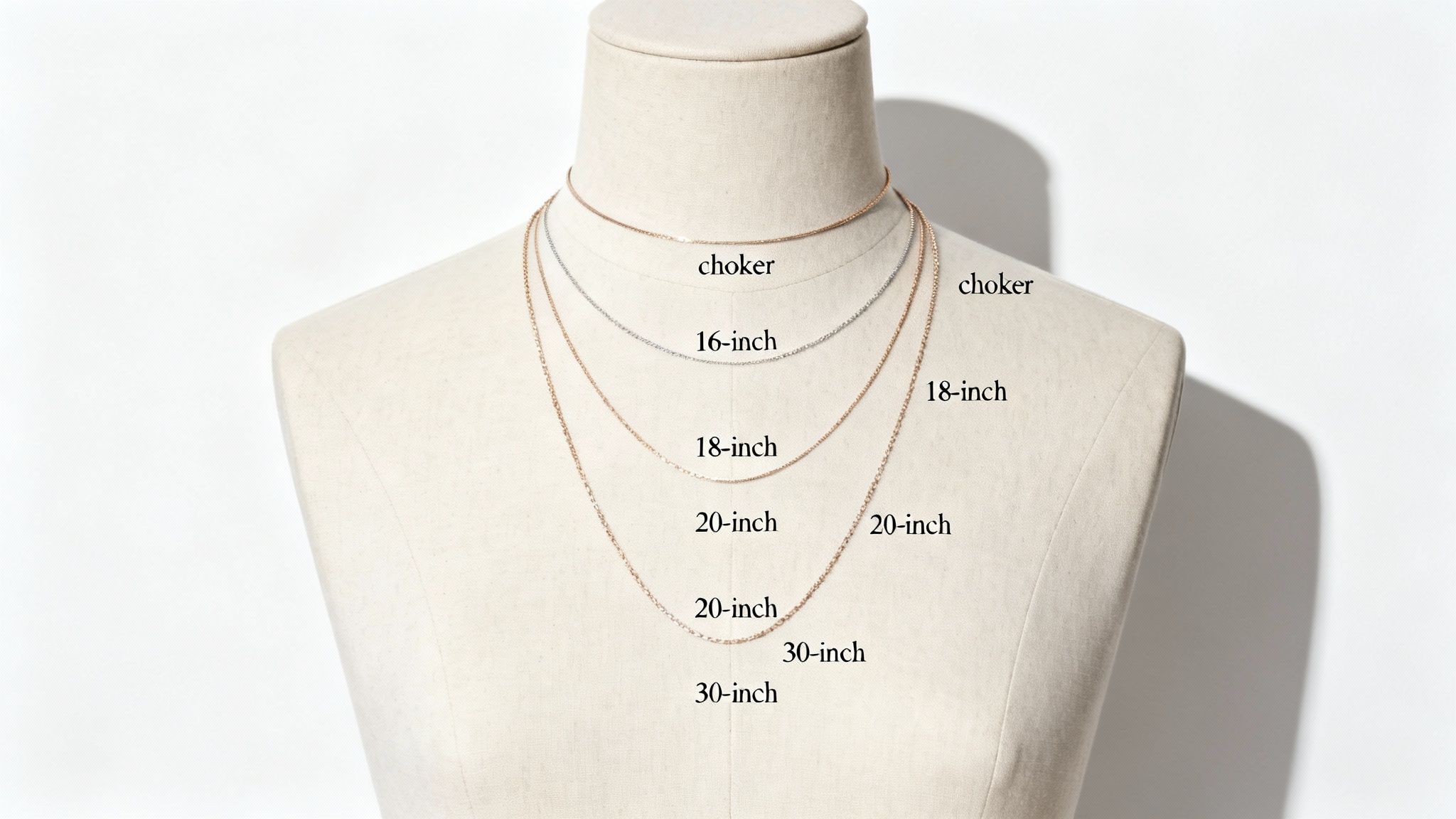 A mannequin showcasing various necklace lengths, from choker to 30-inch, on different chains.