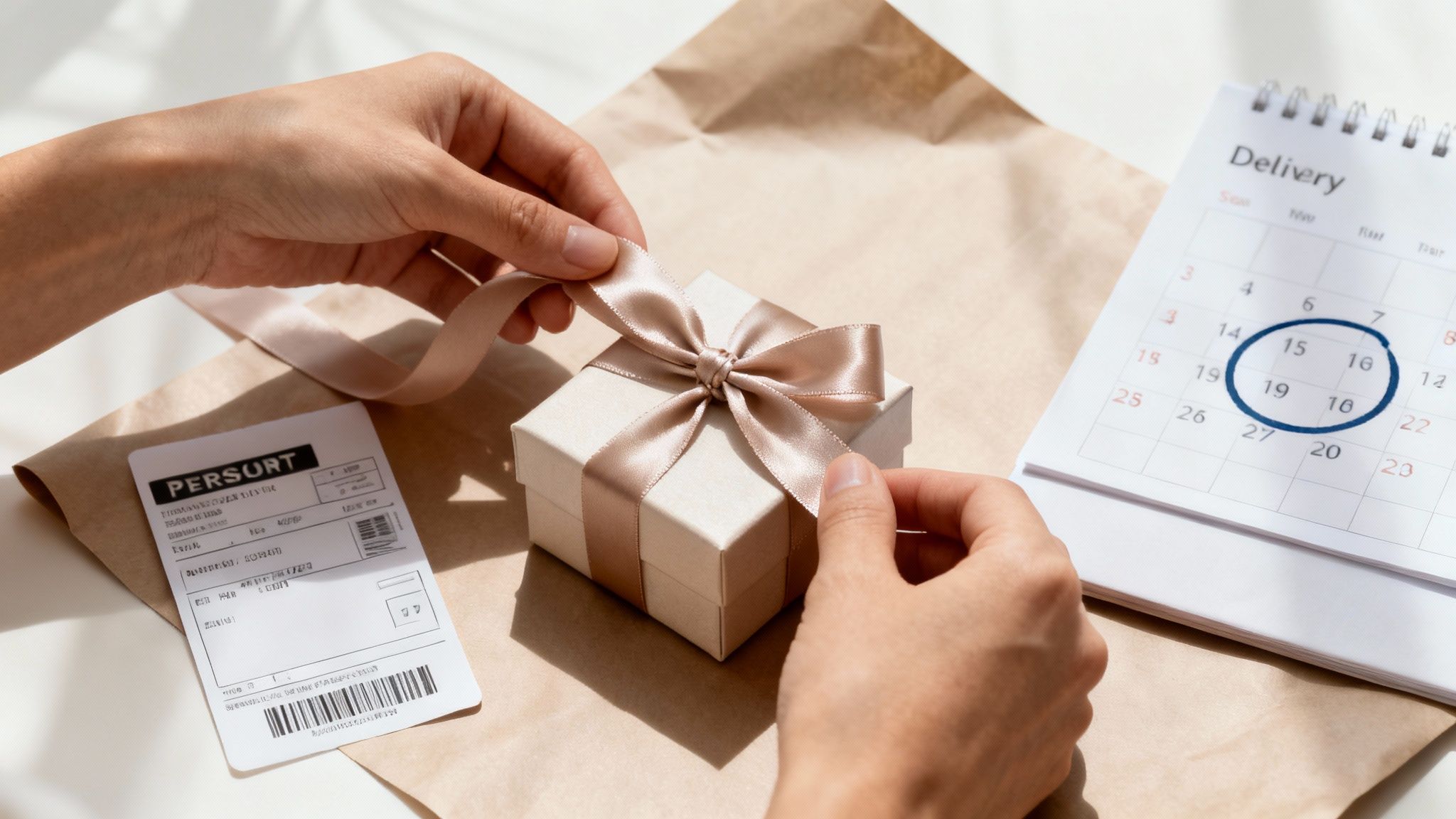 Hands tying a ribbon on a small gift box next to a shipping label and a calendar showing delivery dates.