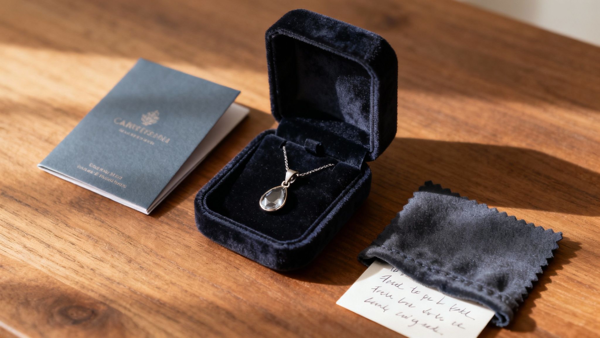 A silver teardrop pendant necklace in a velvet gift box with a booklet and a handwritten note on a wooden table.