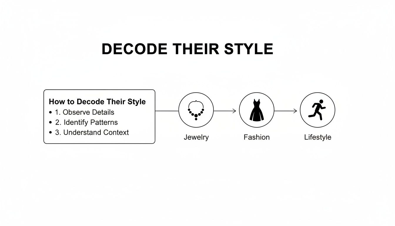 Flowchart illustrating how to decode someone's style by analyzing details, patterns, context, jewelry, fashion, and lifestyle.