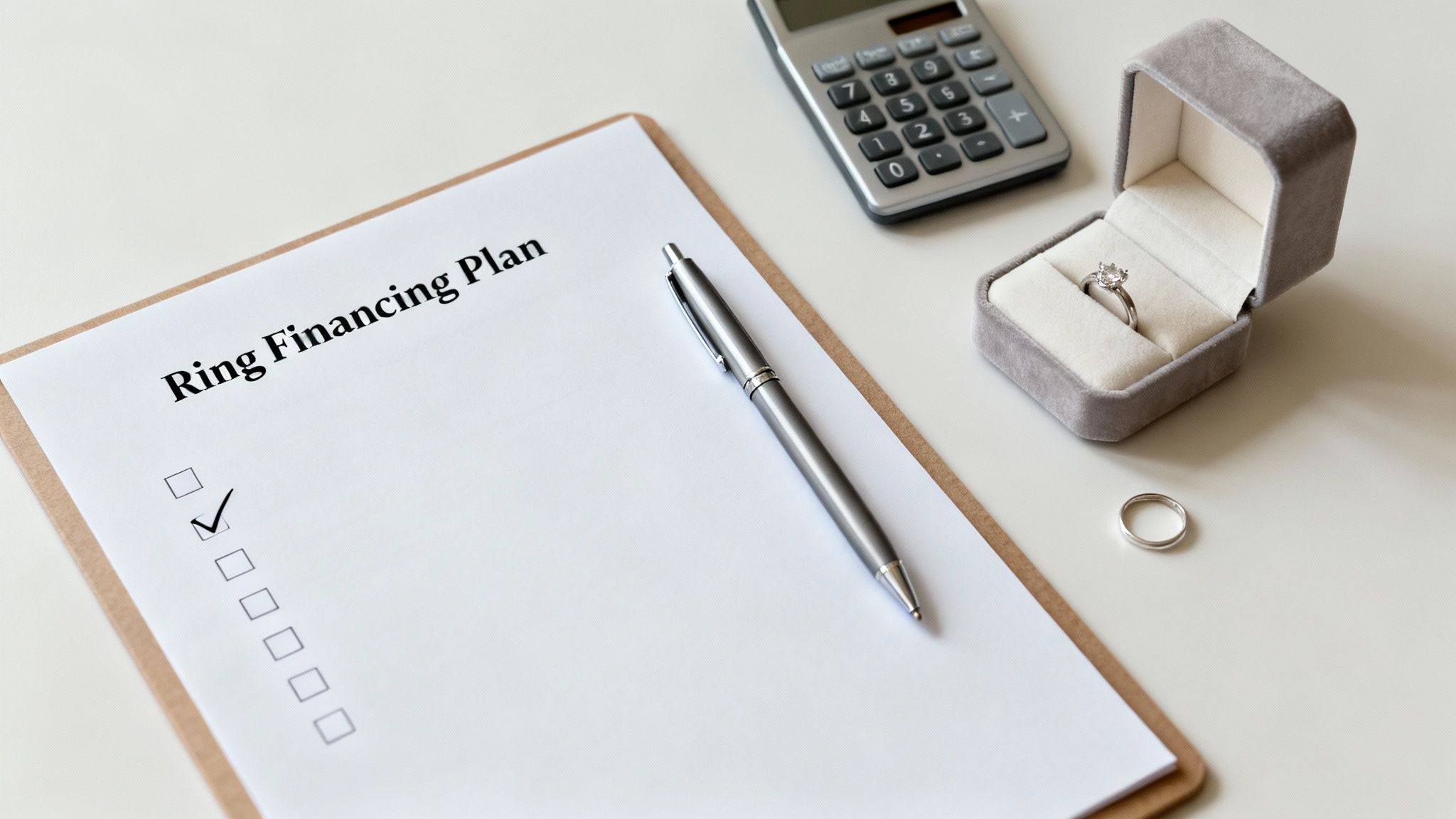 Ring financing plan checklist with engagement rings, calculator, and pen on desk