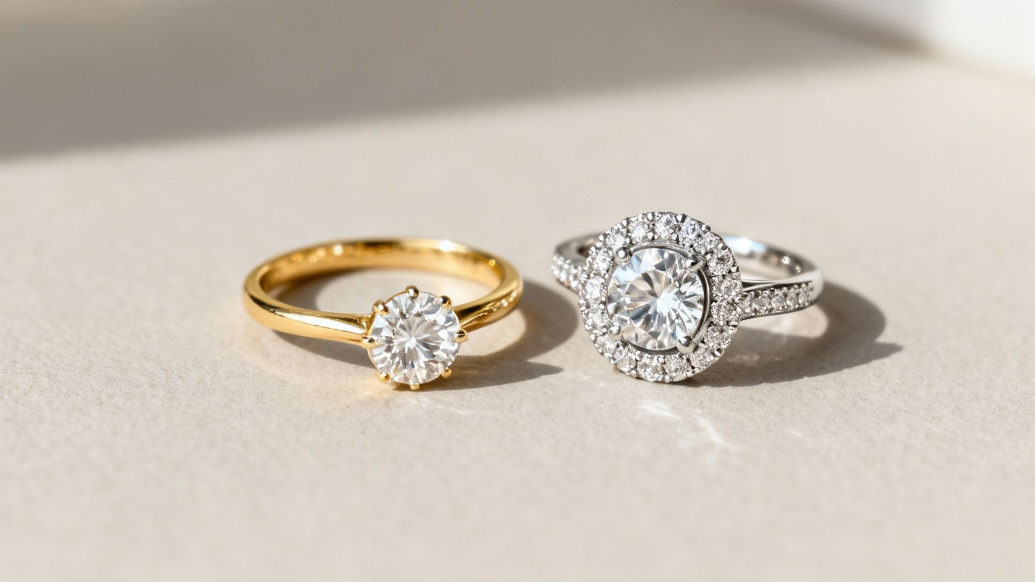 Two sparkling diamond rings side-by-side: a gold solitaire and a silver halo setting.