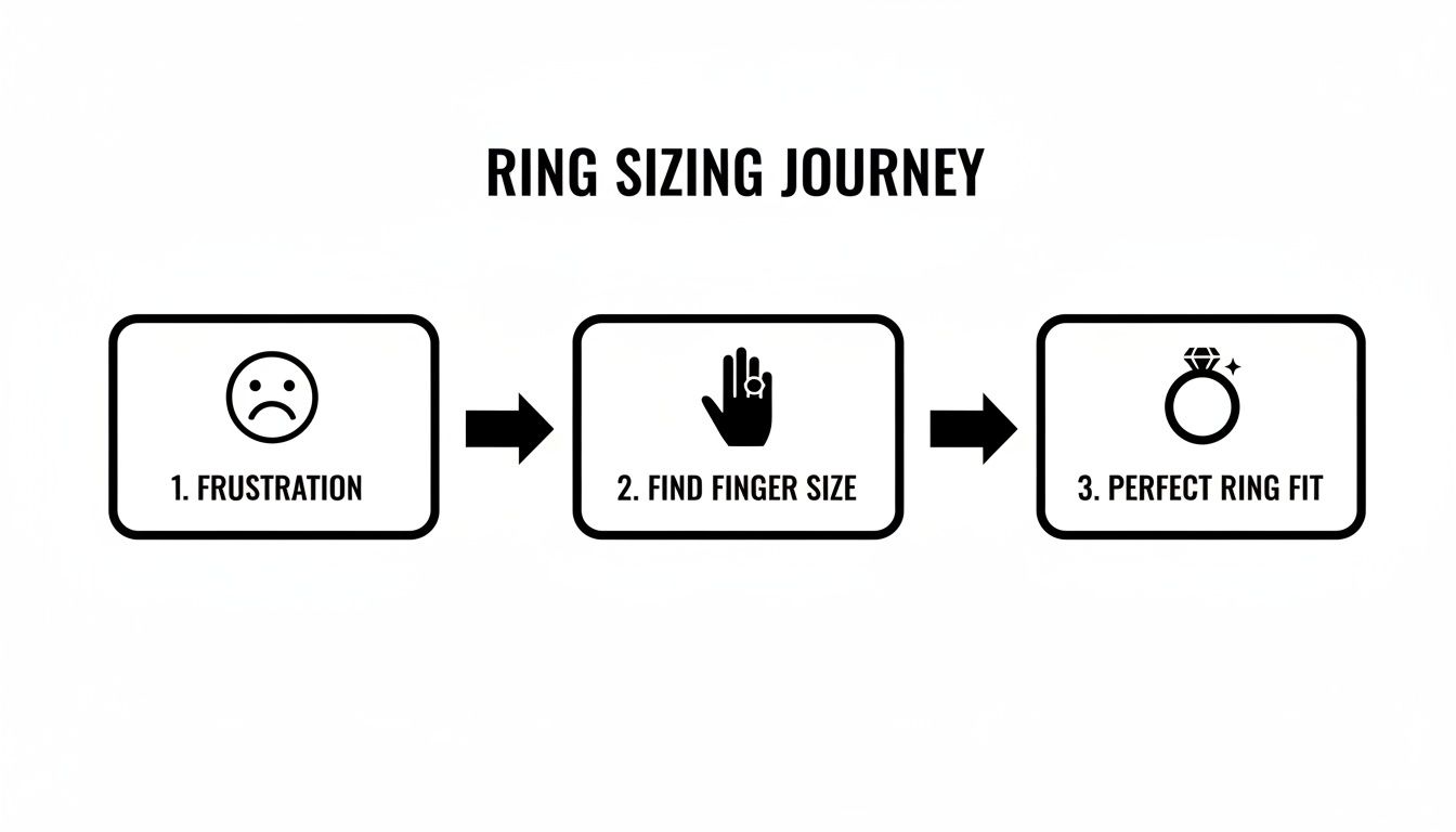 Flowchart illustrating the ring sizing journey from initial frustration to finding the perfect ring fit.