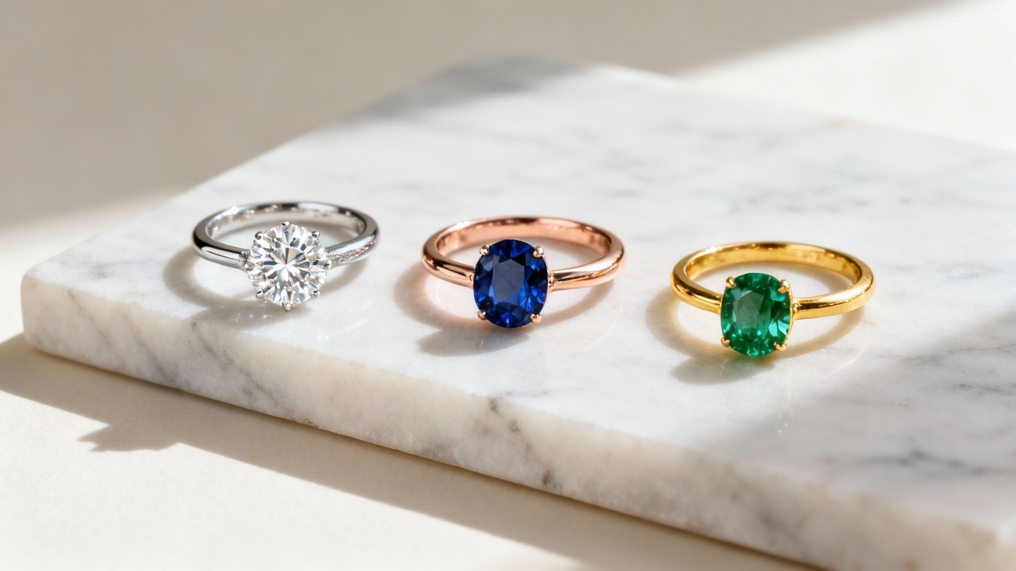 Three diverse engagement rings, including diamond, sapphire, and emerald, on a white marble surface.