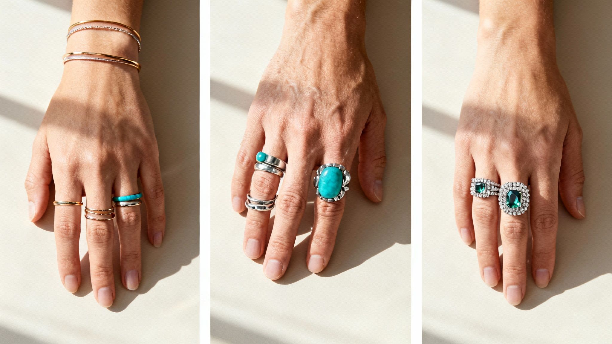 Three hands displaying various styles of multiple rings and bracelets for fashion inspiration.