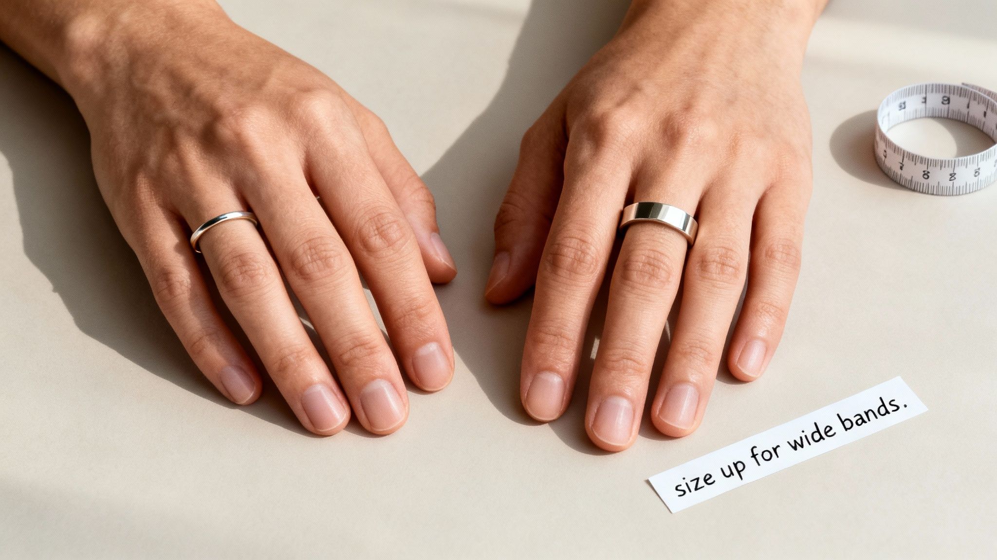 Two hands display a thin and a wide silver ring, alongside a measuring tape and sizing advice.