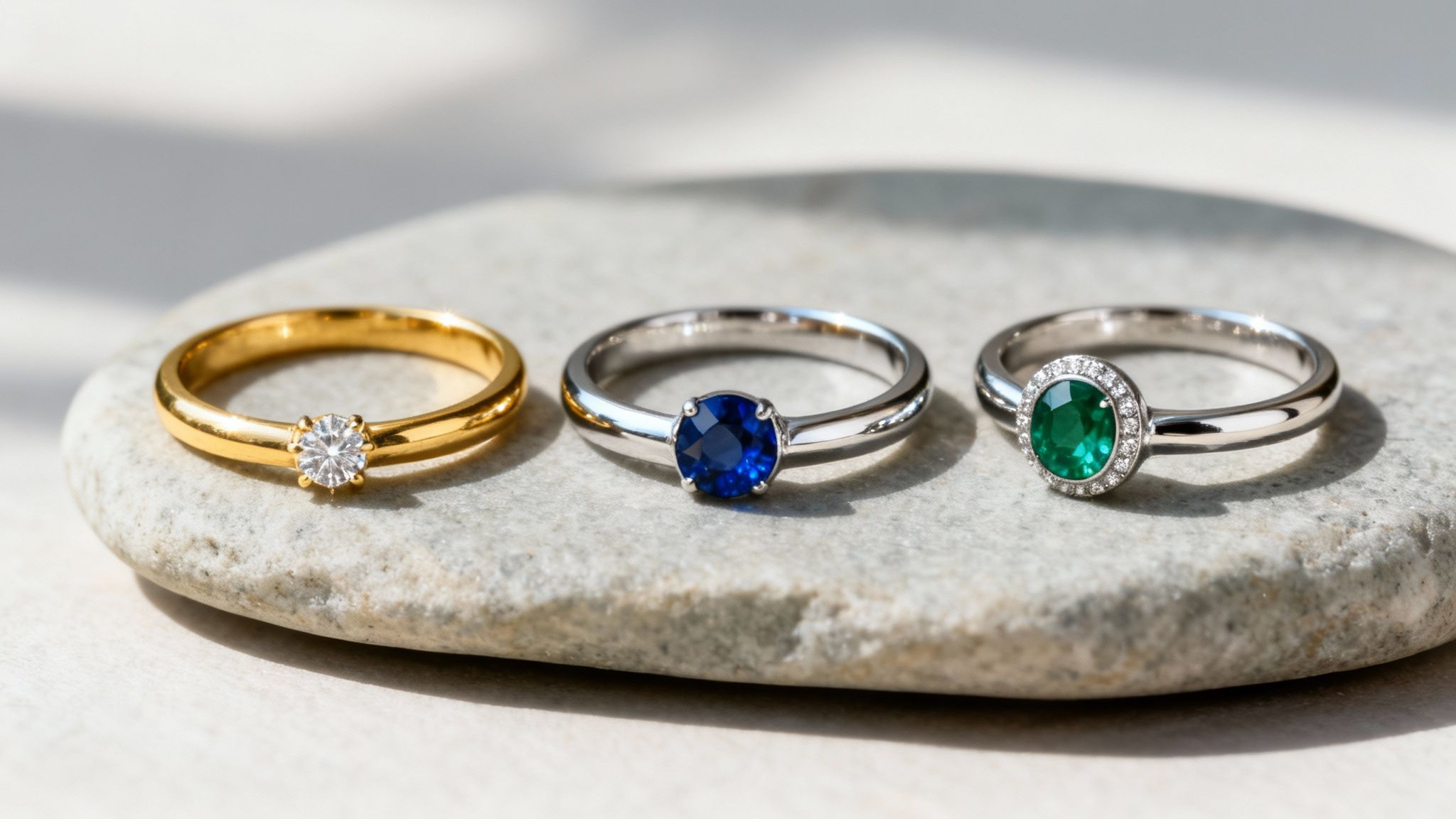 Three elegant rings: gold diamond, silver sapphire, and silver emerald halo, displayed on a stone.