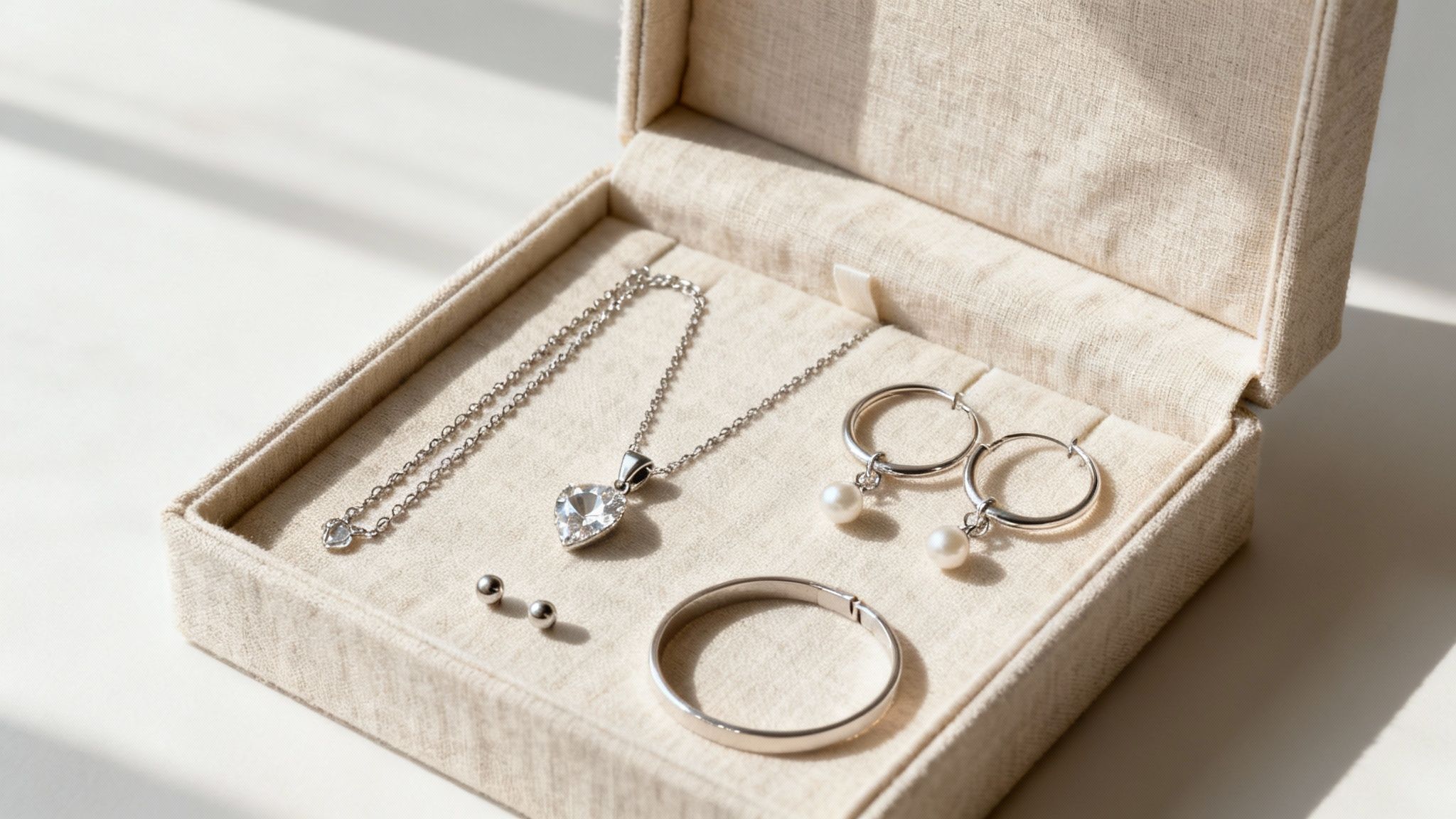 A collection of elegant silver jewelry, including a necklace, earrings, bracelet, and beads, displayed in a beige box.