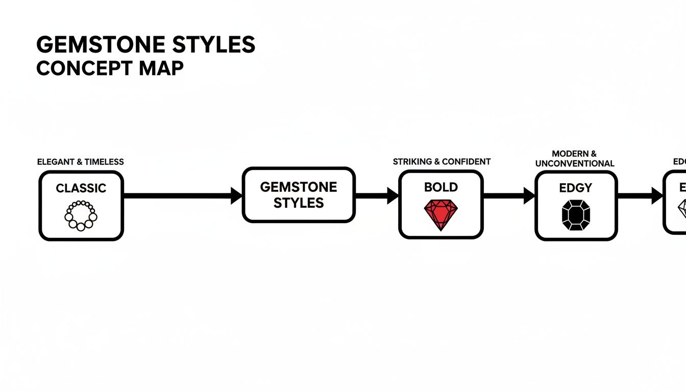A concept map illustrating different gemstone styles: Classic, Elegant &amp; Timeless; Bold, Striking &amp; Confident; and Edgy, Modern &amp; Unconventional.