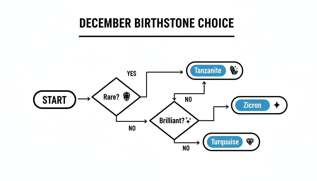 Flowchart for choosing December birthstones: Tanzanite, Zircon, or Turquoise based on rarity and brilliance.