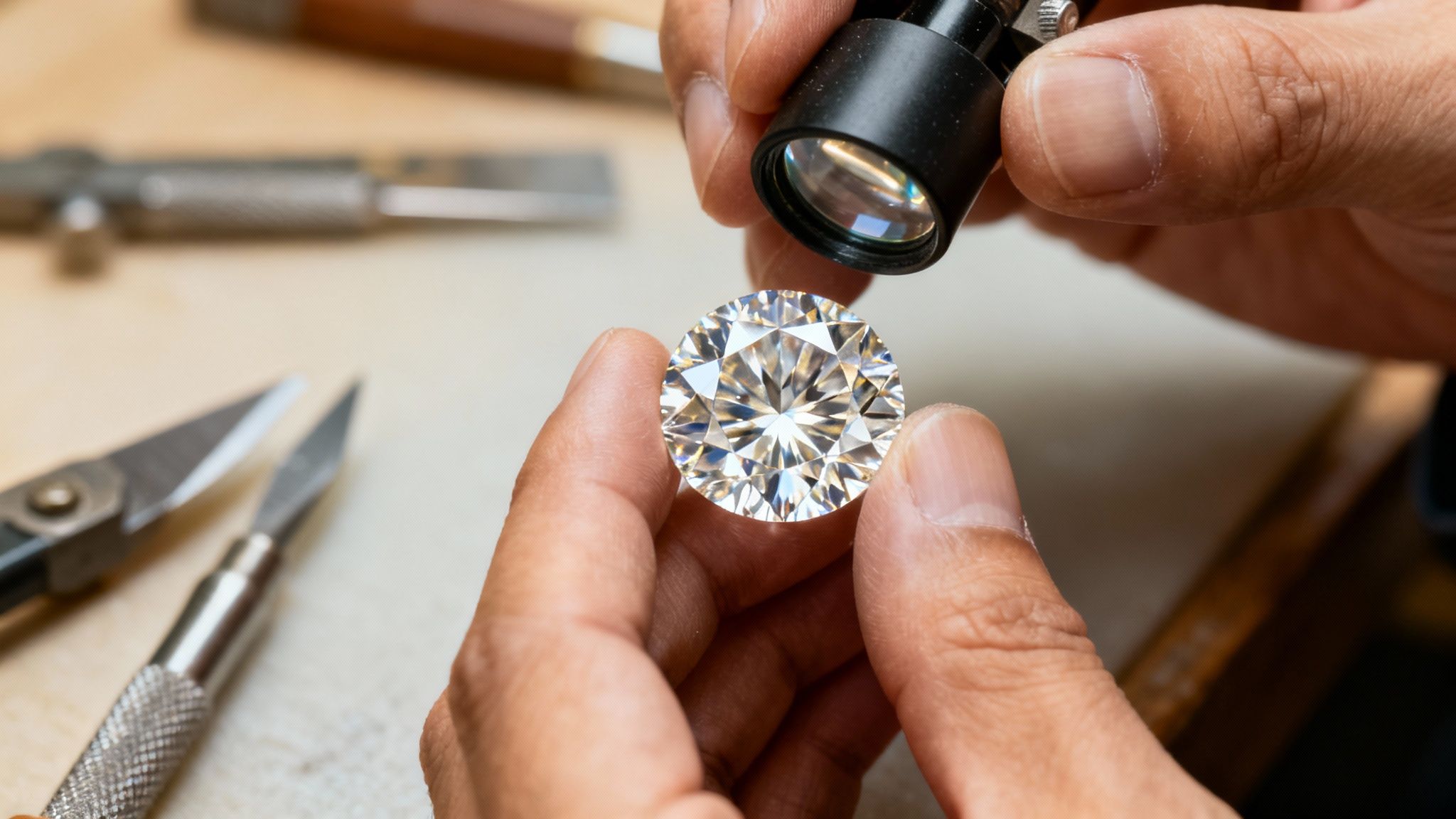 Hands inspecting a large, brilliant-cut diamond with a jeweler's loupe in a workshop.