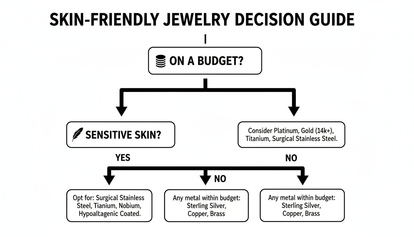 A flowchart guiding decisions for skin-friendly jewelry based on budget and sensitive skin.